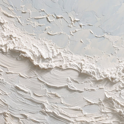 Tidal Crest hand-painted white, beige, sand and soft grey textured ocean wave painting shown with white frame
