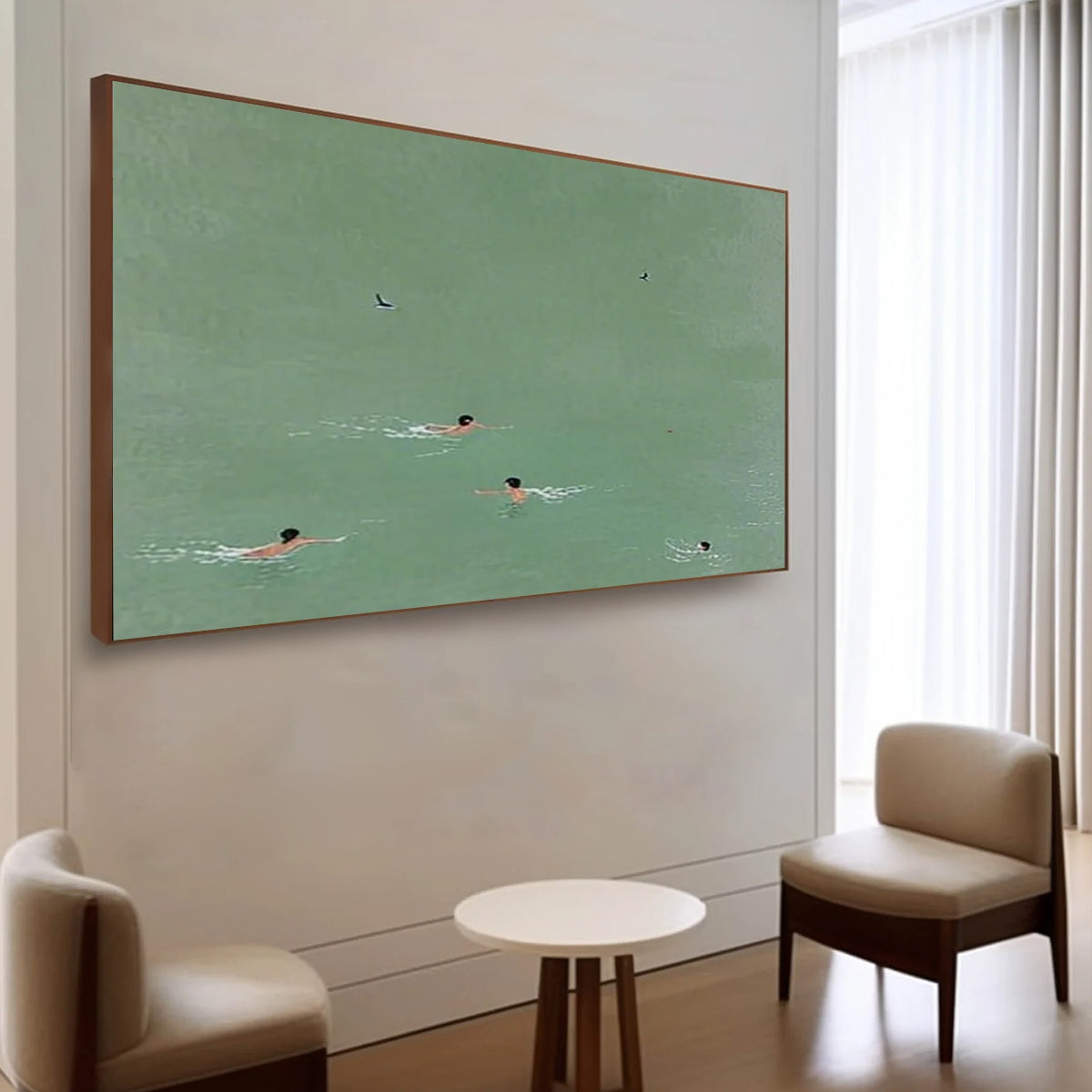 Tidal Glide hand-painted white and soft beige textured beach scene painting shown as stretched canvas