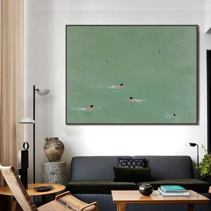 Tidal Glide hand-painted white and soft beige textured beach scene painting shown with black frame