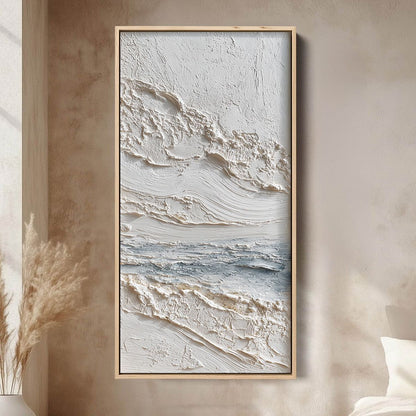 Tideline hand-painted white, soft grey and ocean blue textured coastal abstract painting shown as stretched canvas