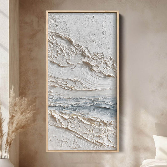 Tideline hand-painted white, soft grey and ocean blue textured coastal abstract painting shown as stretched canvas