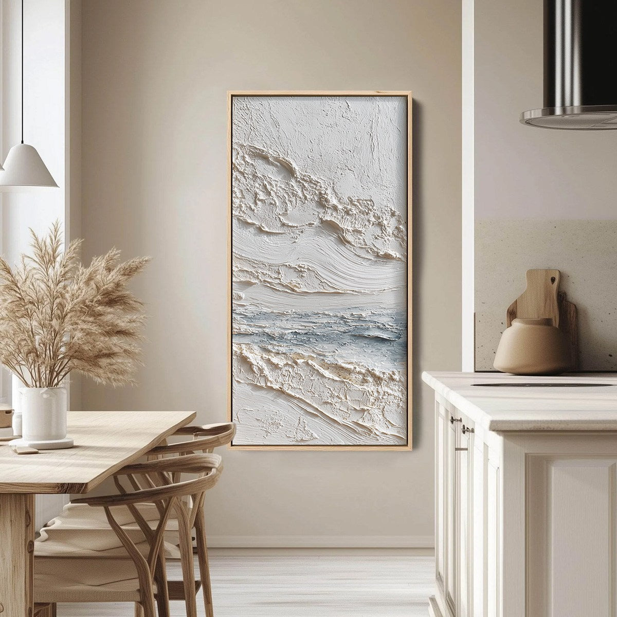 Tideline hand-painted white, soft grey and ocean blue textured coastal abstract painting shown with silver frame