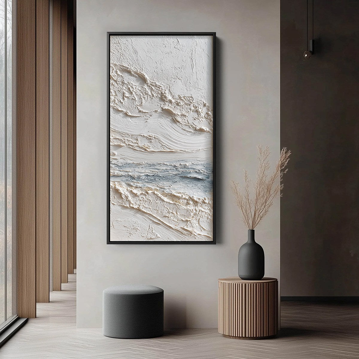 Tideline hand-painted white, soft grey and ocean blue textured coastal abstract painting shown with black frame