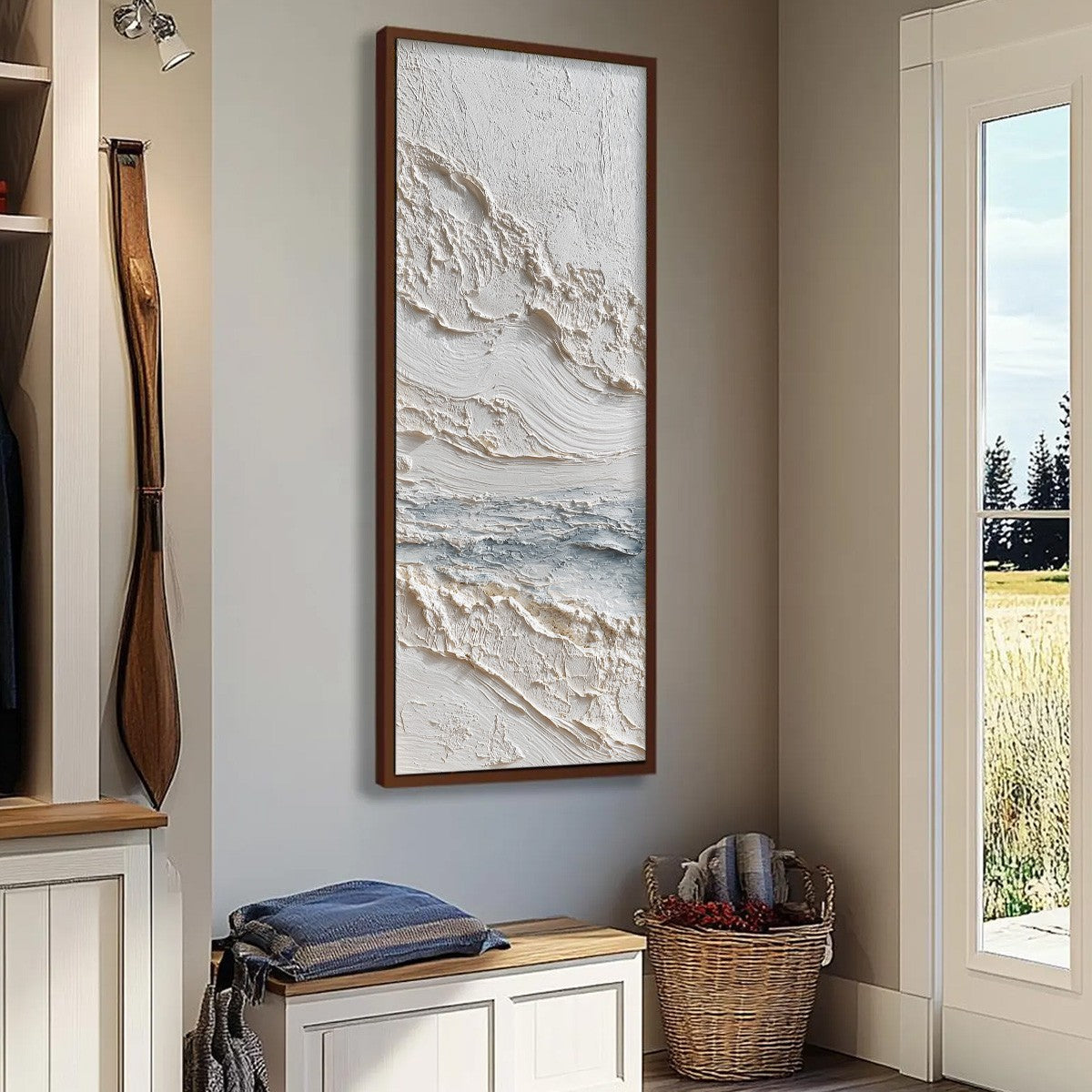 Tideline hand-painted white, soft grey and ocean blue textured coastal abstract painting rolled canvas option