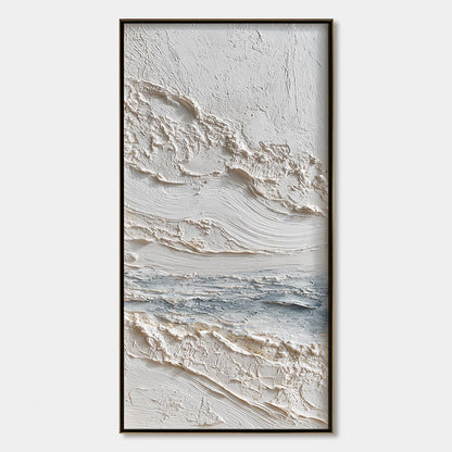 Tideline hand-painted white, soft grey and ocean blue textured coastal abstract painting rolled canvas option