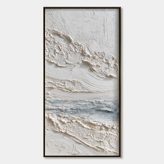 Tideline hand-painted white, soft grey and ocean blue textured coastal abstract painting rolled canvas option