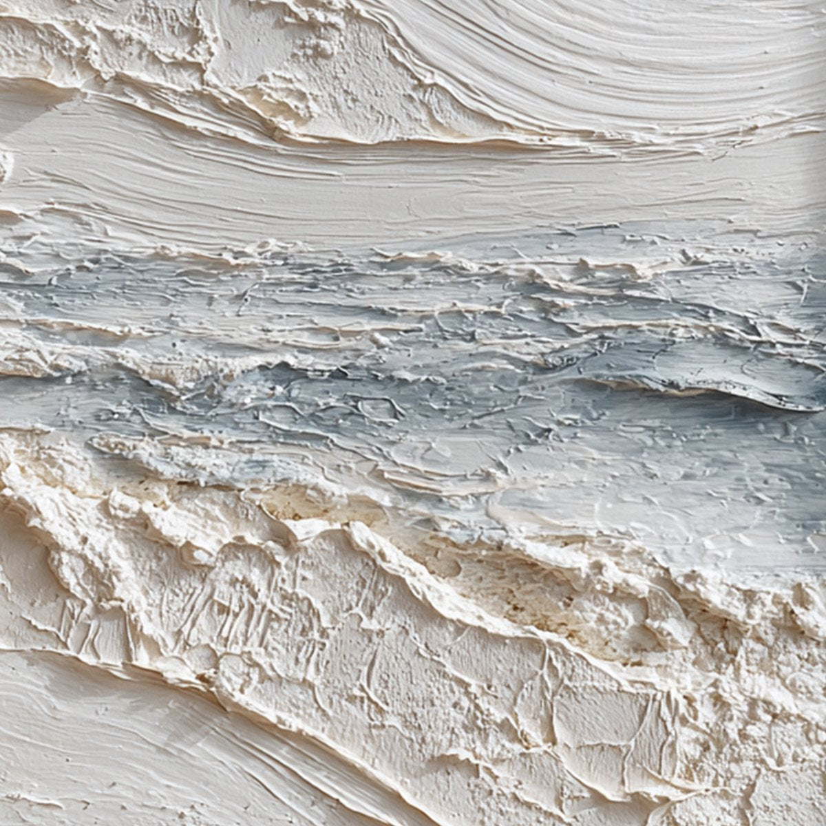 Tideline hand-painted white, soft grey and ocean blue textured coastal abstract painting shown with gold frame