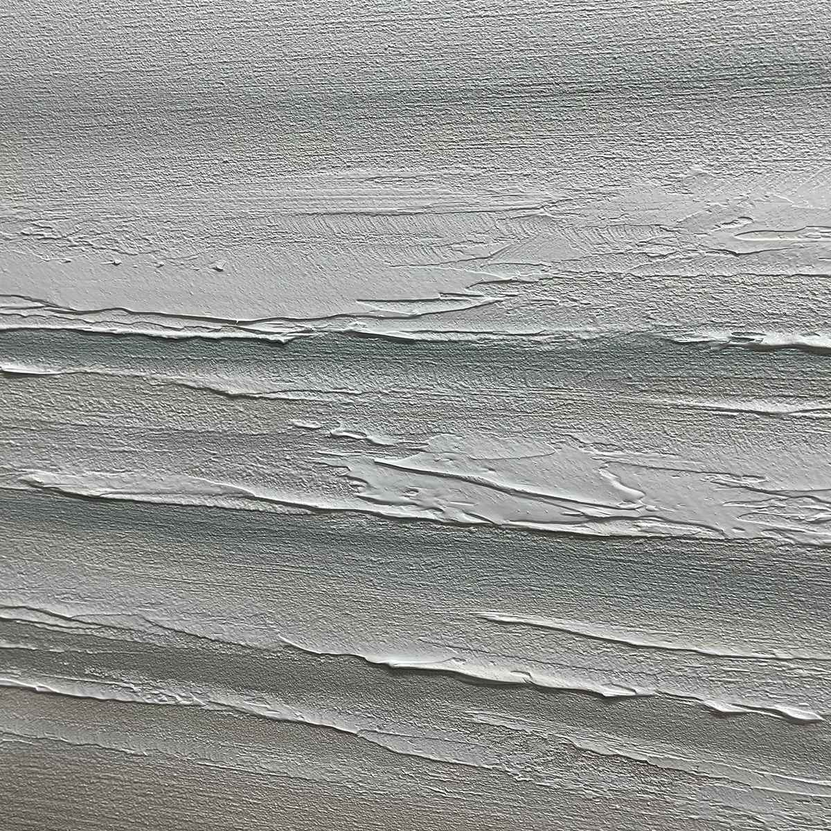 Tranquil Coast hand-painted ocean blue, ivory and soft neutral tones textured coastal landscape painting shown with wood frame