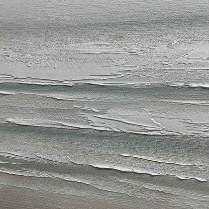 Tranquil Coast hand-painted ocean blue, ivory and soft neutral tones textured coastal landscape painting shown with wood frame