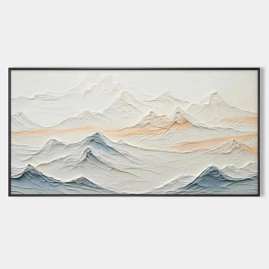 Tranquil Peaks hand-painted beige, ocean blue and orange textured abstract mountain painting rolled canvas option