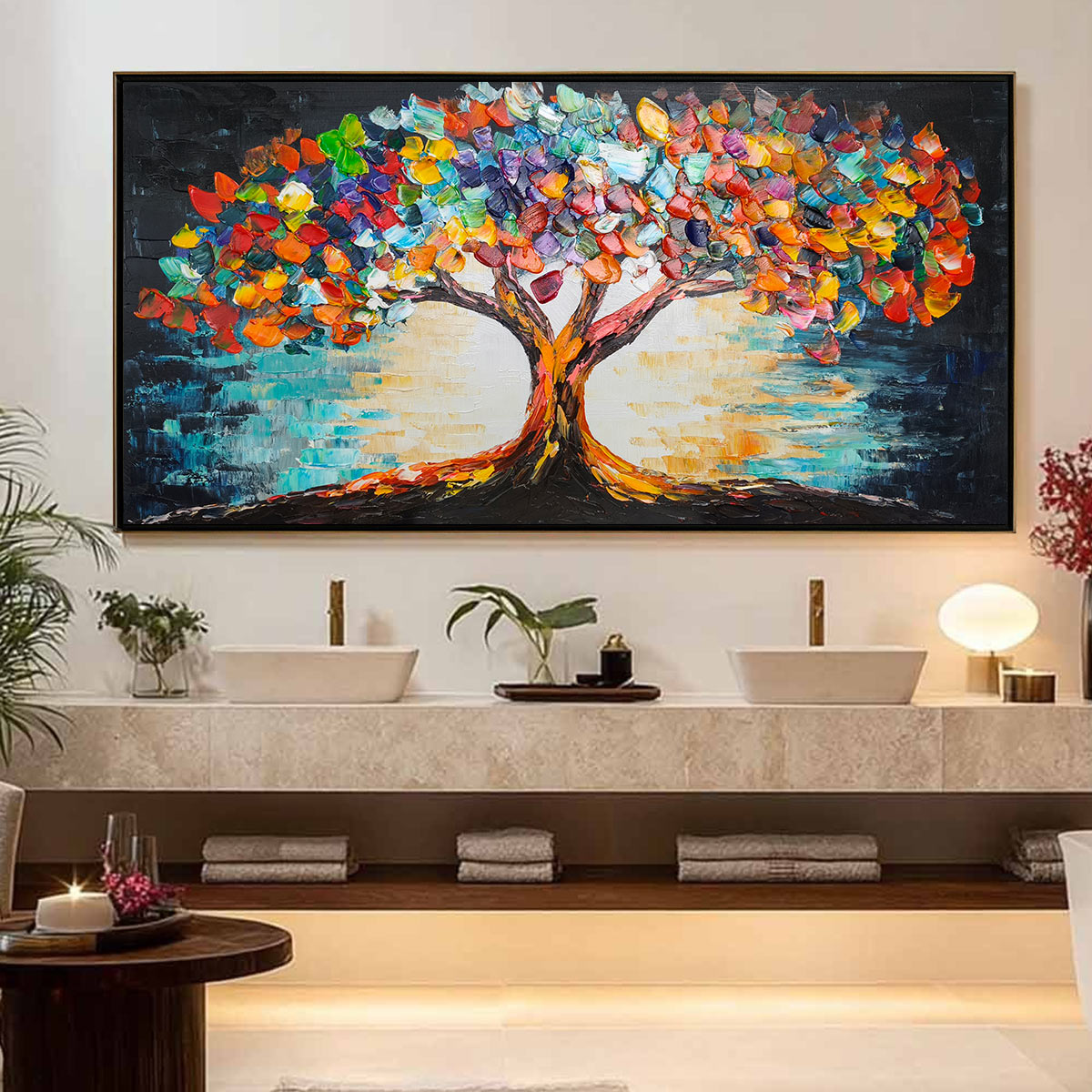 Tree of Life hand-painted black and ivory textured tree of life painting