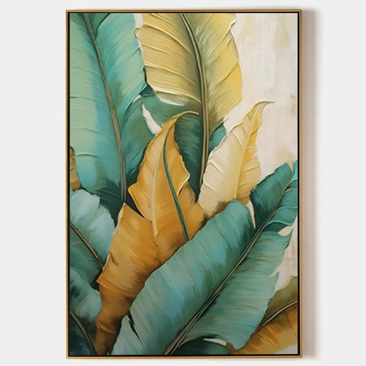 Tropical Abundance hand-painted green, gold and yellow textured botanical painting rolled canvas option