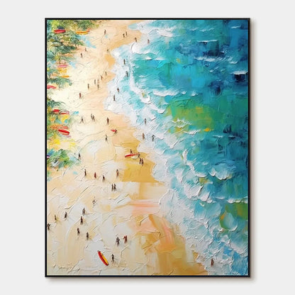 Tropical Paradise hand-painted ocean blue, ivory and soft neutral tones textured beach scene painting rolled canvas option