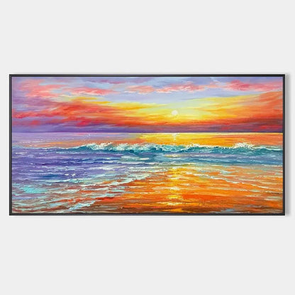 Tropical Sunset Beach hand-painted ocean blue, ivory and soft neutral tones textured sunset seascape painting rolled canvas option