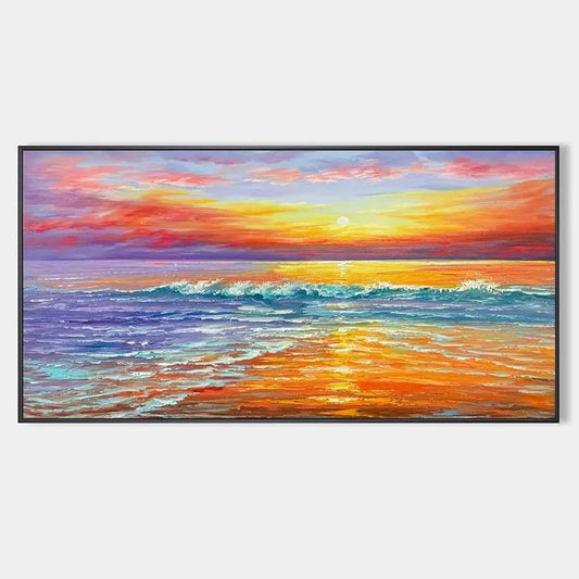 Tropical Sunset Beach hand-painted ocean blue, ivory and soft neutral tones textured sunset seascape painting rolled canvas option