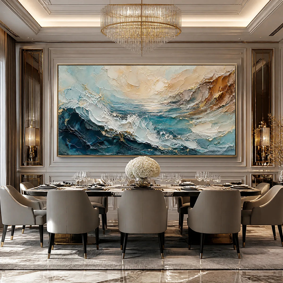 Turquoise Rush hand-painted turquoise and ivory textured ocean wave painting