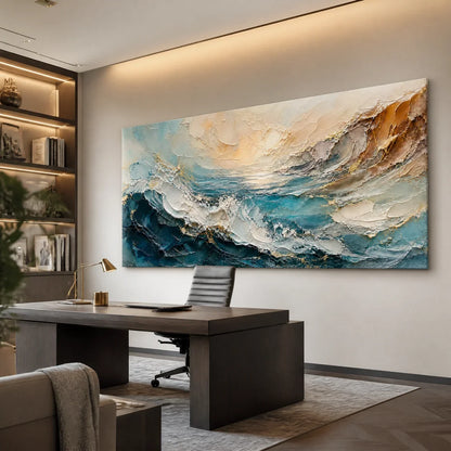 Turquoise Rush hand-painted turquoise and ivory textured ocean wave painting