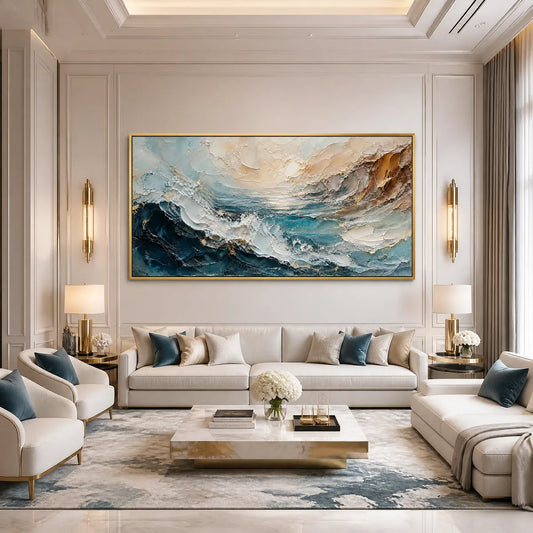 Turquoise Rush hand-painted turquoise and ivory textured ocean wave painting