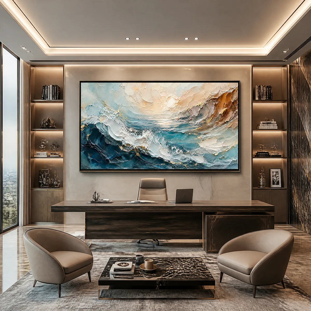 Turquoise Rush hand-painted turquoise and ivory textured ocean wave painting