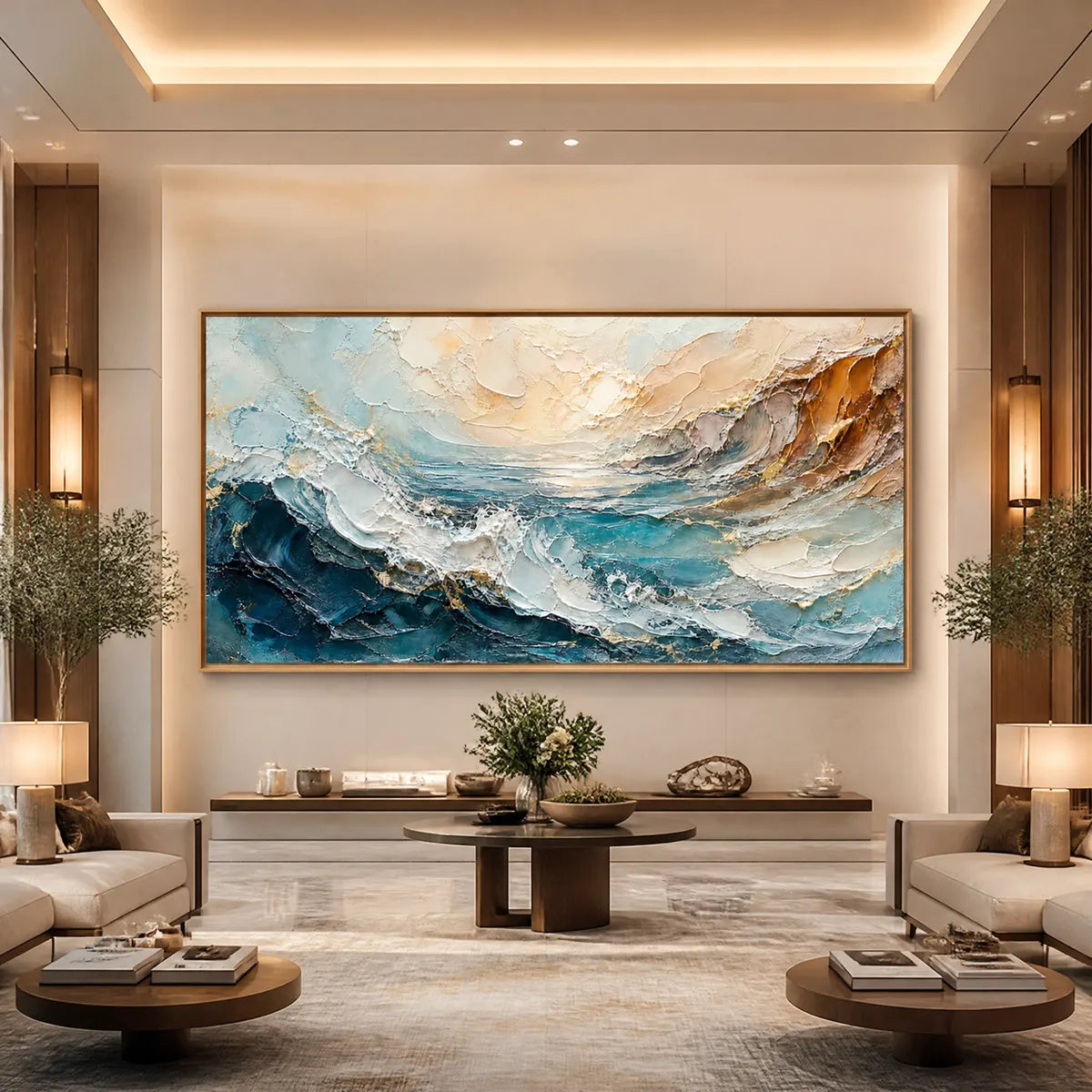 Turquoise Rush hand-painted turquoise and ivory textured ocean wave painting
