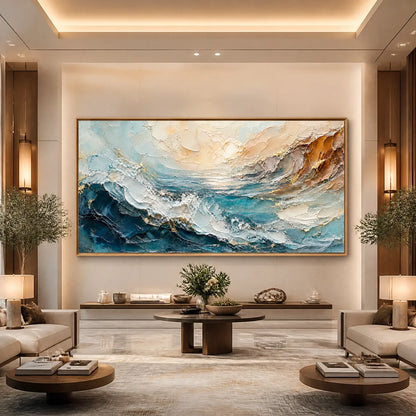 Turquoise Rush hand-painted turquoise and ivory textured ocean wave painting