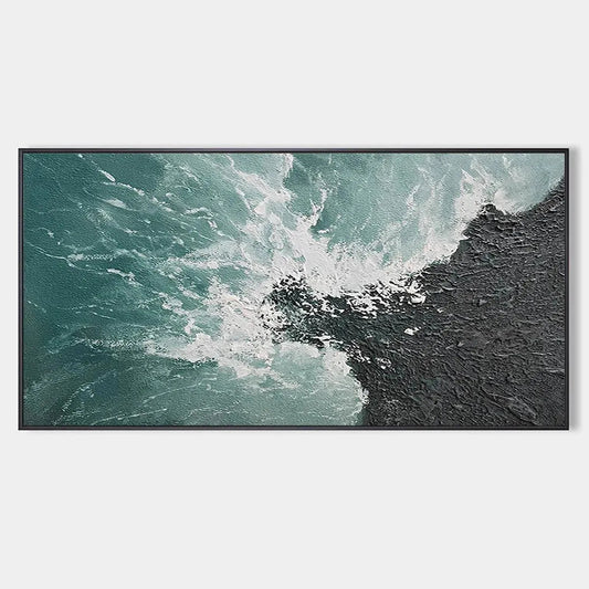 Turquoise Crash hand-painted black, turquoise and teal textured coastal abstract painting rolled canvas option