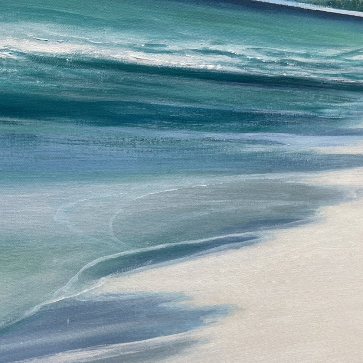Turquoise Dream hand-painted turquoise and ivory textured seascape painting shown with silver frame