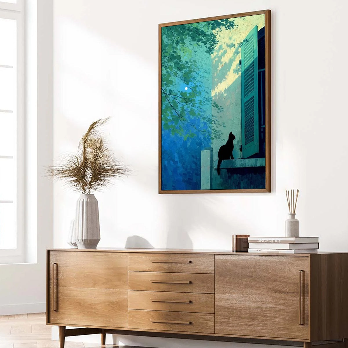 Blue and Teal Minimalist Cat Oil Painting – Twilight Perch