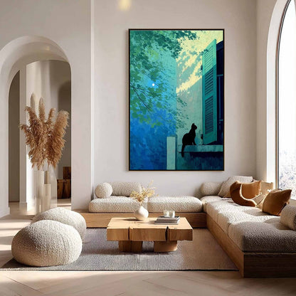 Blue and Teal Minimalist Cat Oil Painting – Twilight Perch