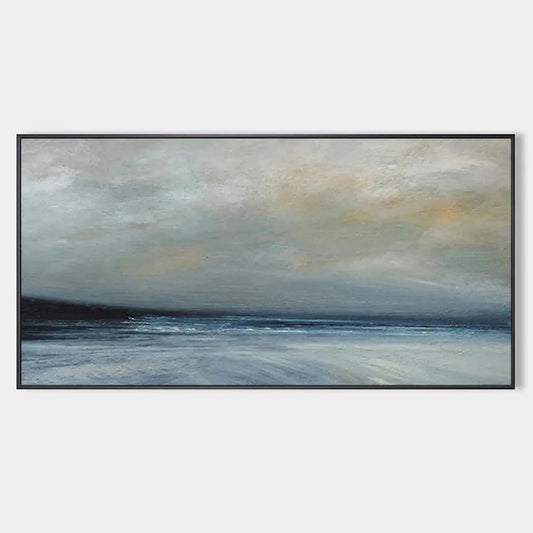 Twilight Coast hand-painted ocean blue, ivory and soft neutral tones textured sunset seascape painting rolled canvas option