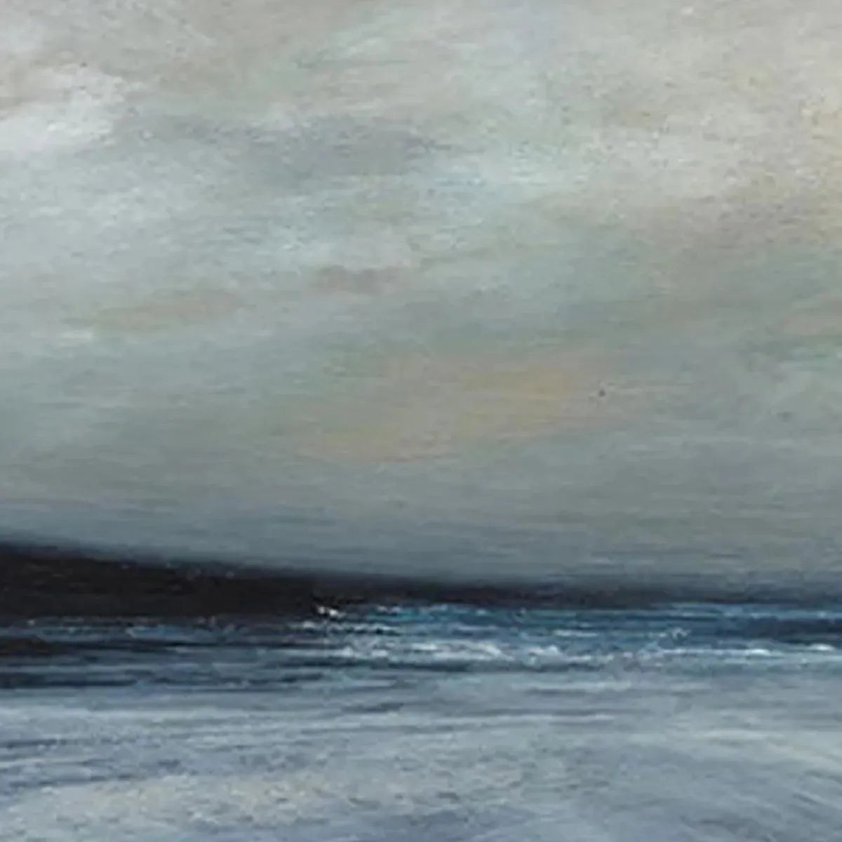 Twilight Coast hand-painted ocean blue, ivory and soft neutral tones textured sunset seascape painting shown with wood frame