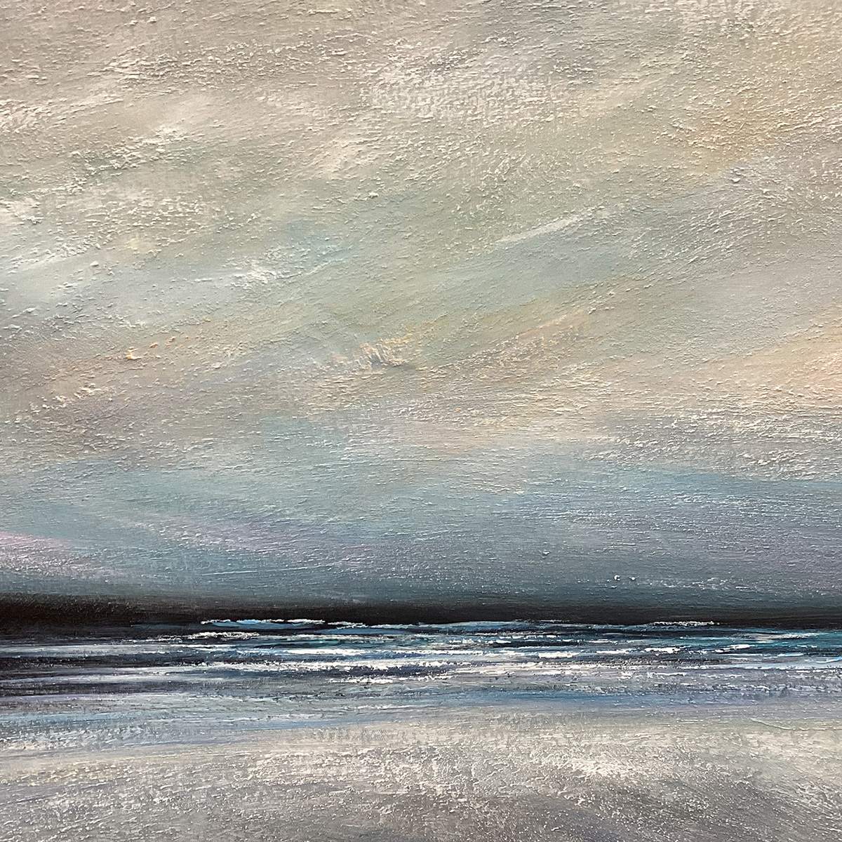 Twilight Coast hand-painted ocean blue, ivory and soft neutral tones textured sunset seascape painting shown with silver frame