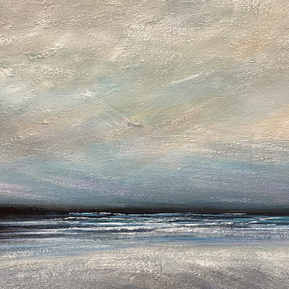Twilight Coast hand-painted ocean blue, ivory and soft neutral tones textured sunset seascape painting shown with silver frame