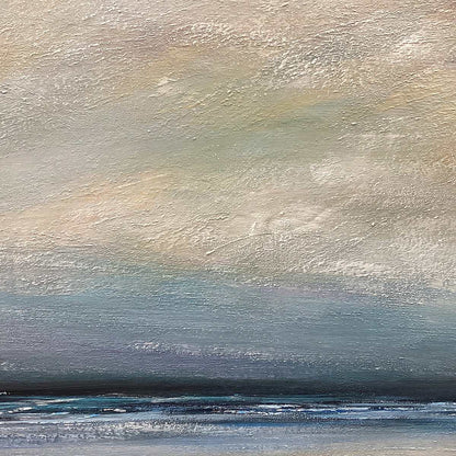 Twilight Coast hand-painted ocean blue, ivory and soft neutral tones textured sunset seascape painting rolled canvas option