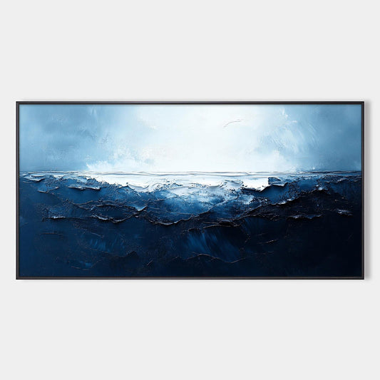 Twilight Sea hand-painted ocean blue and ivory textured sunset seascape painting rolled canvas option