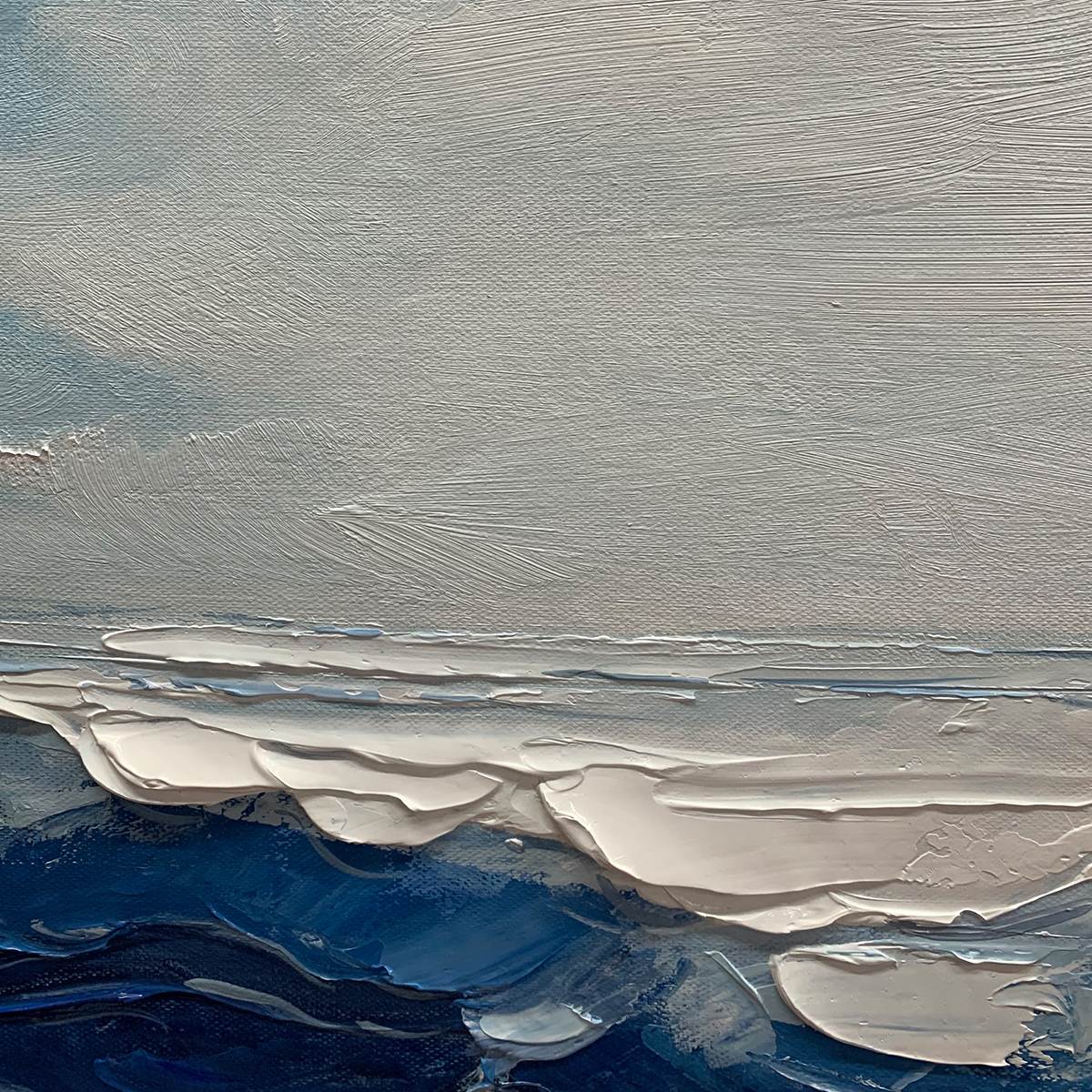 Twilight Sea hand-painted ocean blue and ivory textured sunset seascape painting shown with gold frame