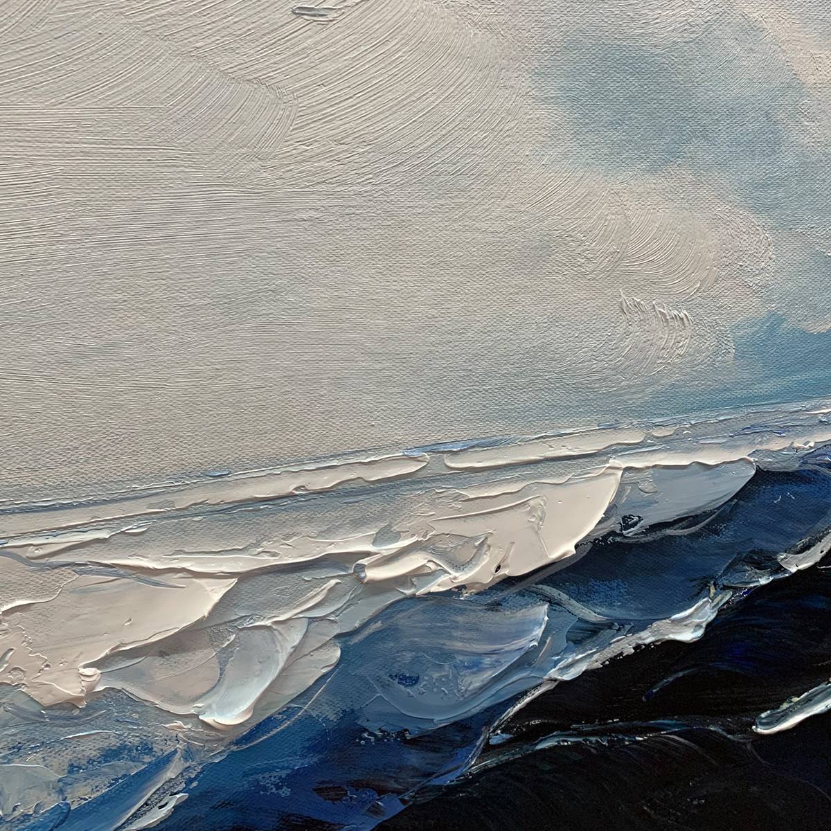 Twilight Sea hand-painted ocean blue and ivory textured sunset seascape painting shown with black frame