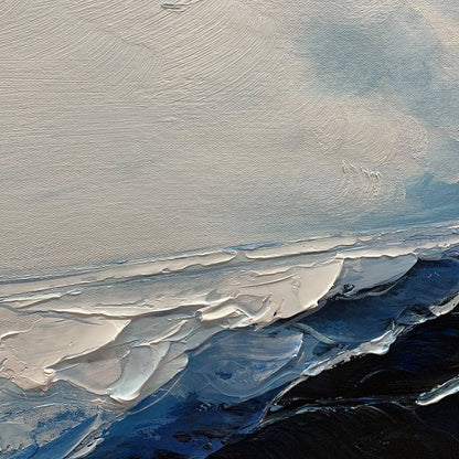 Twilight Sea hand-painted ocean blue and ivory textured sunset seascape painting shown with black frame