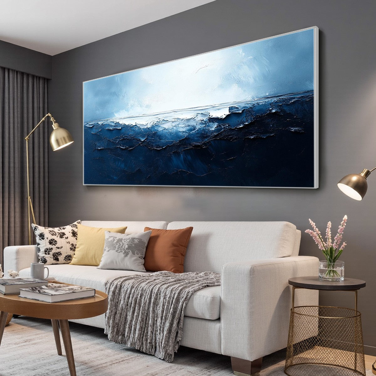 Twilight Sea hand-painted ocean blue and ivory textured sunset seascape painting shown with white frame