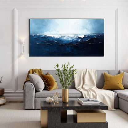 Twilight Sea hand-painted ocean blue and ivory textured sunset seascape painting rolled canvas option