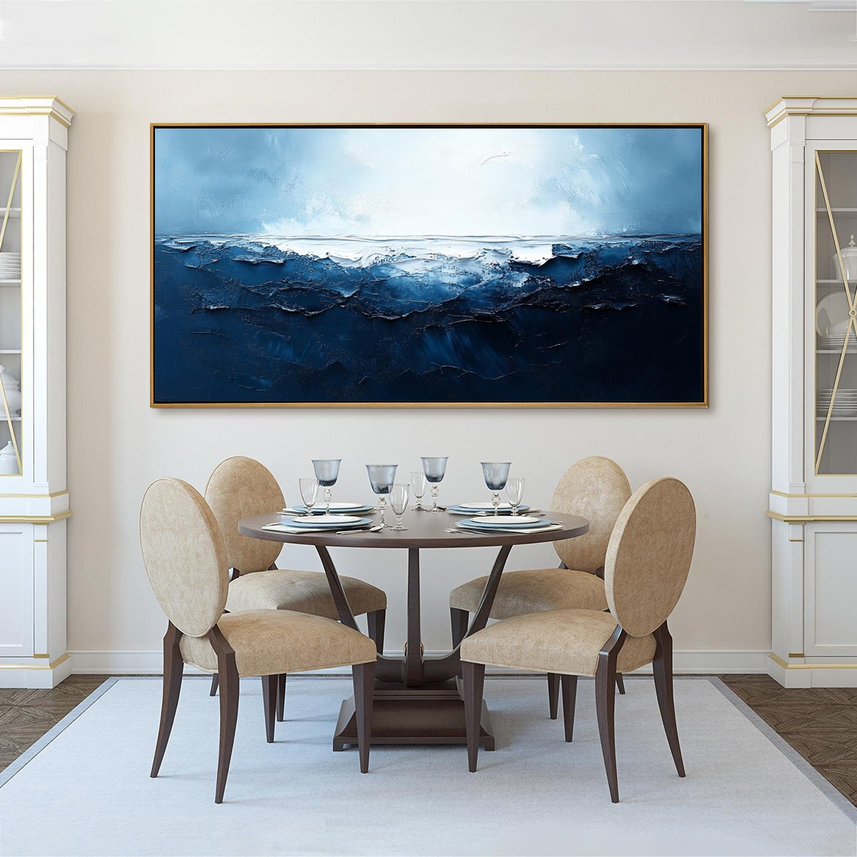 Twilight Sea hand-painted ocean blue and ivory textured sunset seascape painting shown with wood frame