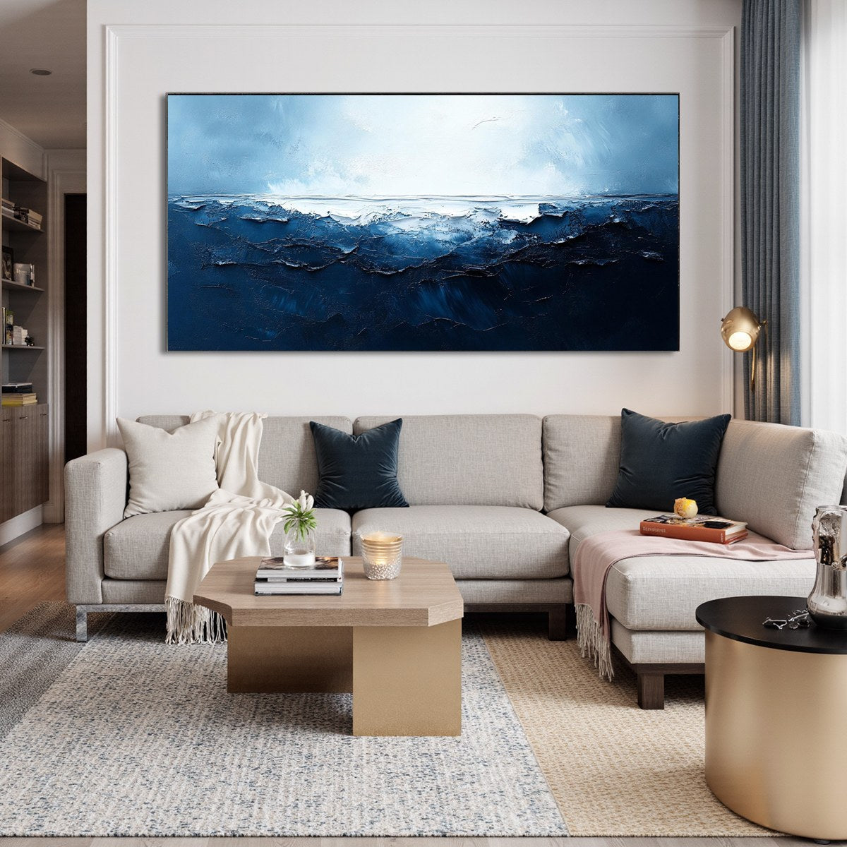 Twilight Sea hand-painted ocean blue and ivory textured sunset seascape painting shown as stretched canvas