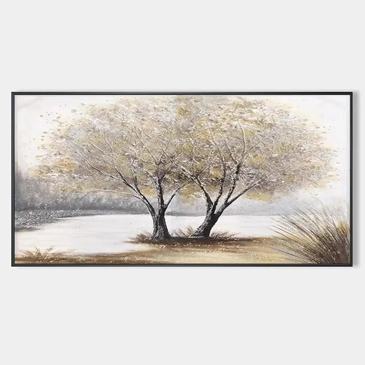 Twilight Trees hand-painted forest green, soft grey and warm earth tones textured forest landscape painting rolled canvas option