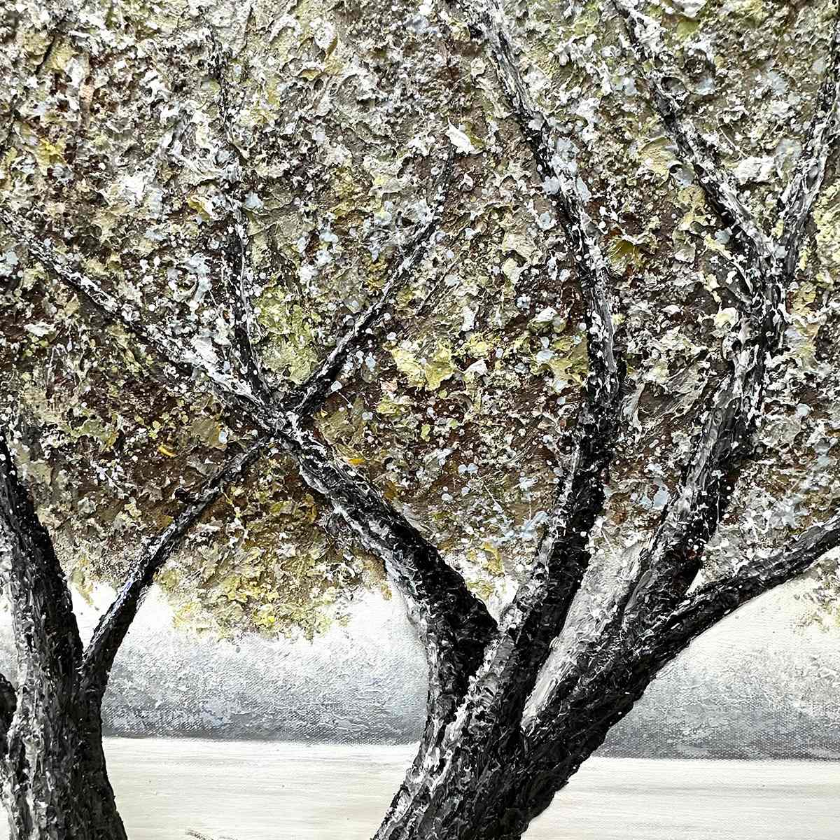 Twilight Trees hand-painted forest green, soft grey and warm earth tones textured forest landscape painting shown with white frame