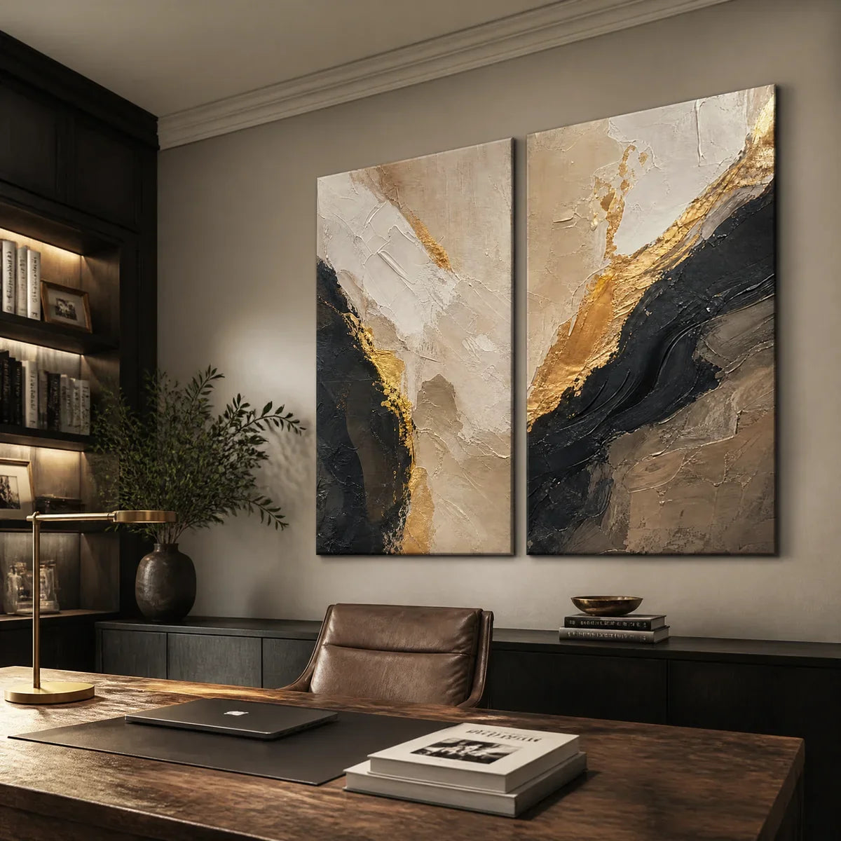 Gold and Black Wabi-Sabi Abstract Oil Painting – Twin Ember