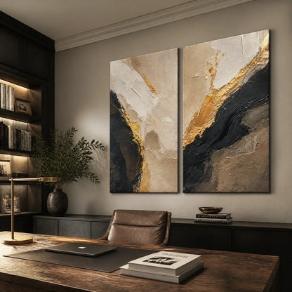 Gold and Black Wabi-Sabi Abstract Oil Painting – Twin Ember