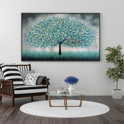 Teal Dream hand-painted soft grey and teal textured tree painting shown as stretched canvas
