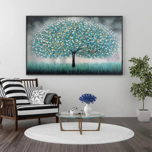 Teal Dream hand-painted soft grey and teal textured tree painting shown as stretched canvas