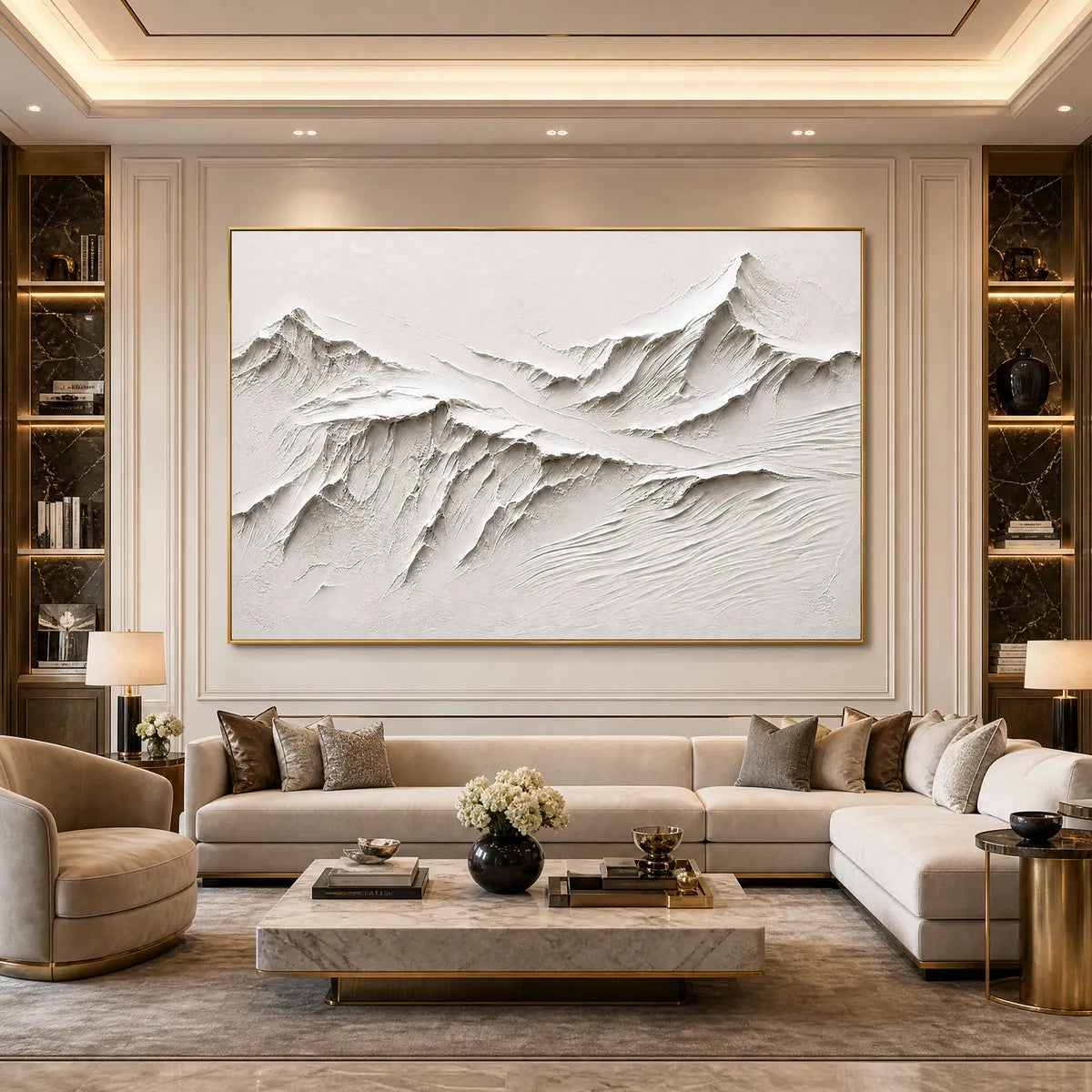 Terra Alba White hand-painted white and soft beige textured abstract mountain painting shown as stretched canvas