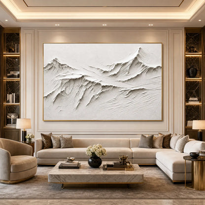 Terra Alba White hand-painted white and soft beige textured abstract mountain painting shown as stretched canvas
